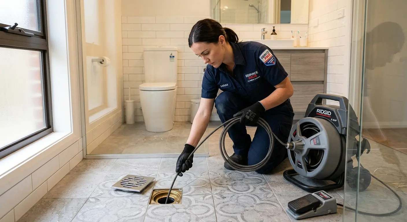 Technician clearing a bathroom floor drain for Clogged Drain Repair in Lincolnia